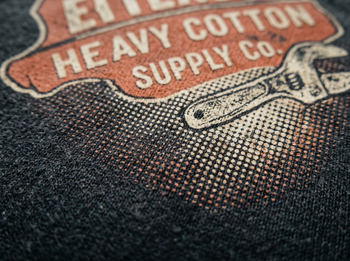 Macro extreme close-up of water-based screen print embedded in cotton weave